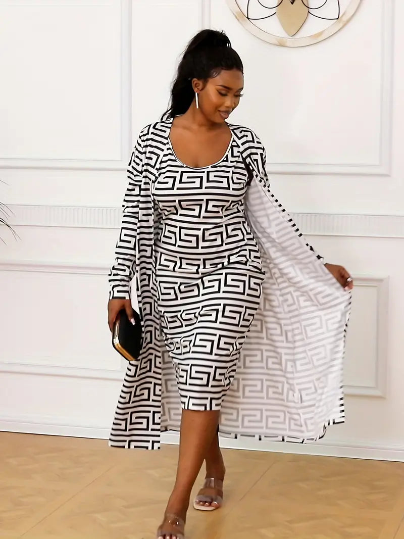 Geometric Print Midi Dress With Cardigan